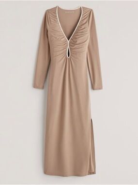Long Sleeve Beige V-Neck Ruched Maxi Dress